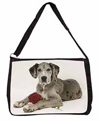 Great Dane with Red Rose Large Black Laptop Shoulder Bag School/College