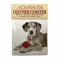 Great Dane with Red Rose Single Leather Photo Coaster