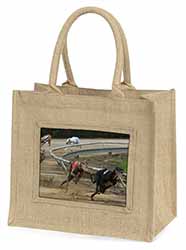 Greyhound Dog Racing Natural/Beige Jute Large Shopping Bag