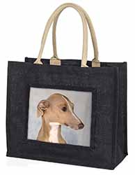 Greyhound Dog Large Black Jute Shopping Bag