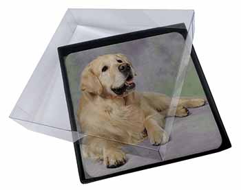 4x Gold Golden Retriever Picture Table Coasters Set in Gift Box