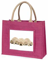Golden Retriever Puppies Large Pink Jute Shopping Bag