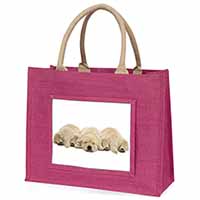 Golden Retriever Puppies Large Pink Jute Shopping Bag