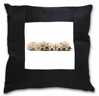 Five Golden Retriever Puppy Dogs Black Satin Feel Scatter Cushion