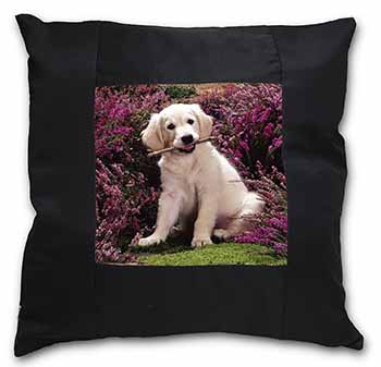 Golden Retriever Puppy Black Satin Feel Scatter Cushion
