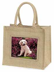 Golden Retriever Puppy Natural/Beige Jute Large Shopping Bag