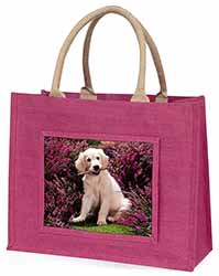Golden Retriever Puppy Large Pink Jute Shopping Bag