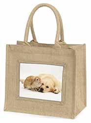 Golden Retriever and Rabbit Natural/Beige Jute Large Shopping Bag