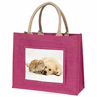 Golden Retriever and Rabbit Large Pink Jute Shopping Bag