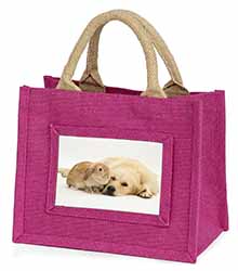Golden Retriever and Rabbit Little Girls Small Pink Jute Shopping Bag