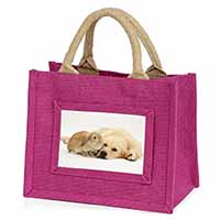 Golden Retriever and Rabbit Little Girls Small Pink Jute Shopping Bag