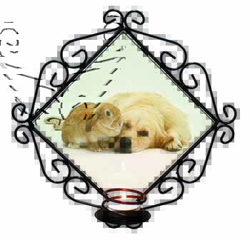 Golden Retriever and Rabbit Wrought Iron Wall Art Candle Holder