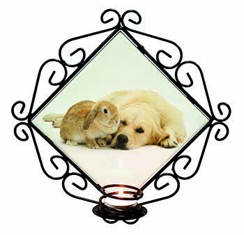 Golden Retriever and Rabbit Wrought Iron Wall Art Candle Holder