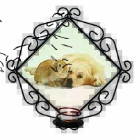 Golden Retriever and Rabbit Wrought Iron Wall Art Candle Holder