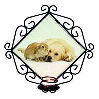 Golden Retriever and Rabbit Wrought Iron Wall Art Candle Holder