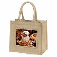 Golden Retriever Puppy Natural/Beige Jute Large Shopping Bag