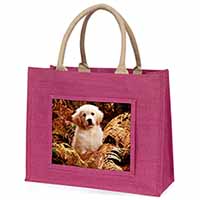 Golden Retriever Puppy Large Pink Jute Shopping Bag