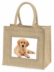 Golden Retriever Puppy Dog Natural/Beige Jute Large Shopping Bag