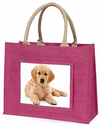 Golden Retriever Puppy Dog Large Pink Jute Shopping Bag