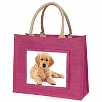 Golden Retriever Puppy Dog Large Pink Jute Shopping Bag