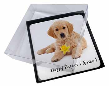 4x Personalised Name Golden Retriever Picture Table Coasters Set in Gift Box