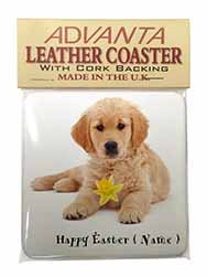 Personalised Name Golden Retriever Single Leather Photo Coaster