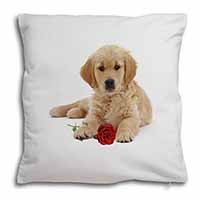 Golden Retriever Dog with Rose Soft White Velvet Feel Scatter Cushion