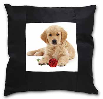 Golden Retriever Dog with Rose Black Satin Feel Scatter Cushion