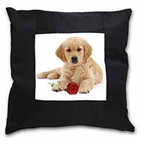 Golden Retriever Dog with Rose Black Satin Feel Scatter Cushion