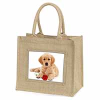 Golden Retriever Dog with Rose Natural/Beige Jute Large Shopping Bag
