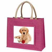 Golden Retriever Dog with Rose Large Pink Jute Shopping Bag