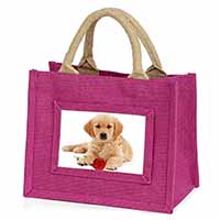 Golden Retriever Dog with Rose Little Girls Small Pink Jute Shopping Bag