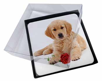 4x Golden Retriever Dog with Rose Picture Table Coasters Set in Gift Box