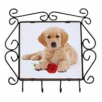 Golden Retriever Dog with Rose Wrought Iron Key Holder Hooks