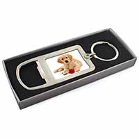 Golden Retriever Dog with Rose Chrome Metal Bottle Opener Keyring in Box