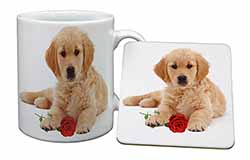 Golden Retriever Dog with Rose Mug and Coaster Set
