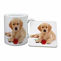 Golden Retriever Dog with Rose Mug and Coaster Set
