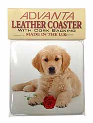 Golden Retriever Dog with Rose Single Leather Photo Coaster