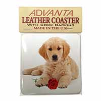 Golden Retriever Dog with Rose Single Leather Photo Coaster