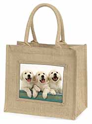 Golden Retriever Puppies Natural/Beige Jute Large Shopping Bag