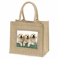 Golden Retriever Puppies Natural/Beige Jute Large Shopping Bag