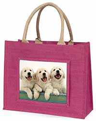 Golden Retriever Puppies Large Pink Jute Shopping Bag