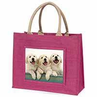 Golden Retriever Puppies Large Pink Jute Shopping Bag