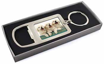 Golden Retriever Puppies Chrome Metal Bottle Opener Keyring in Box