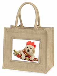 Christmas Golden Retriever Natural/Beige Jute Large Shopping Bag
