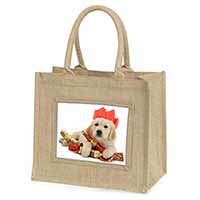 Christmas Golden Retriever Natural/Beige Jute Large Shopping Bag