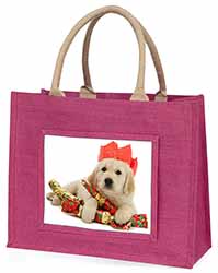 Christmas Golden Retriever Large Pink Jute Shopping Bag