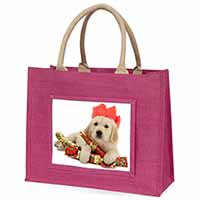 Christmas Golden Retriever Large Pink Jute Shopping Bag