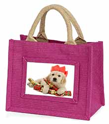 Christmas Golden Retriever Little Girls Small Pink Jute Shopping Bag