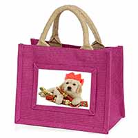 Christmas Golden Retriever Little Girls Small Pink Jute Shopping Bag